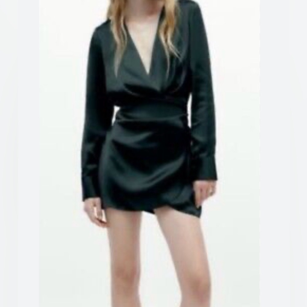 Zara Dark Green Long Sleeve Wrap Satin Dress Sz M